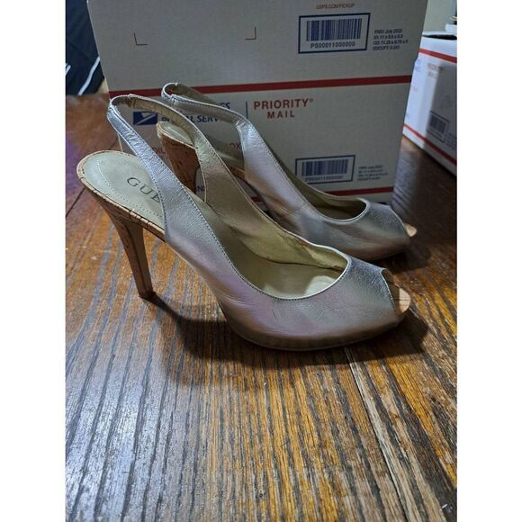 Size 9M Guess Silver Sling Back Peep Toe Cork High Heel Dress Shoes - Picture 1 of 12